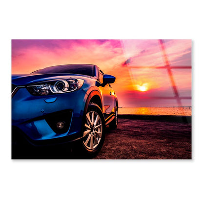 Blue Compact SUV Car Sea At Sunset Acrylic Glass Print Tempered Glass Wall Art 100% Made in Australia Ready to Hang - Bella Home Decor