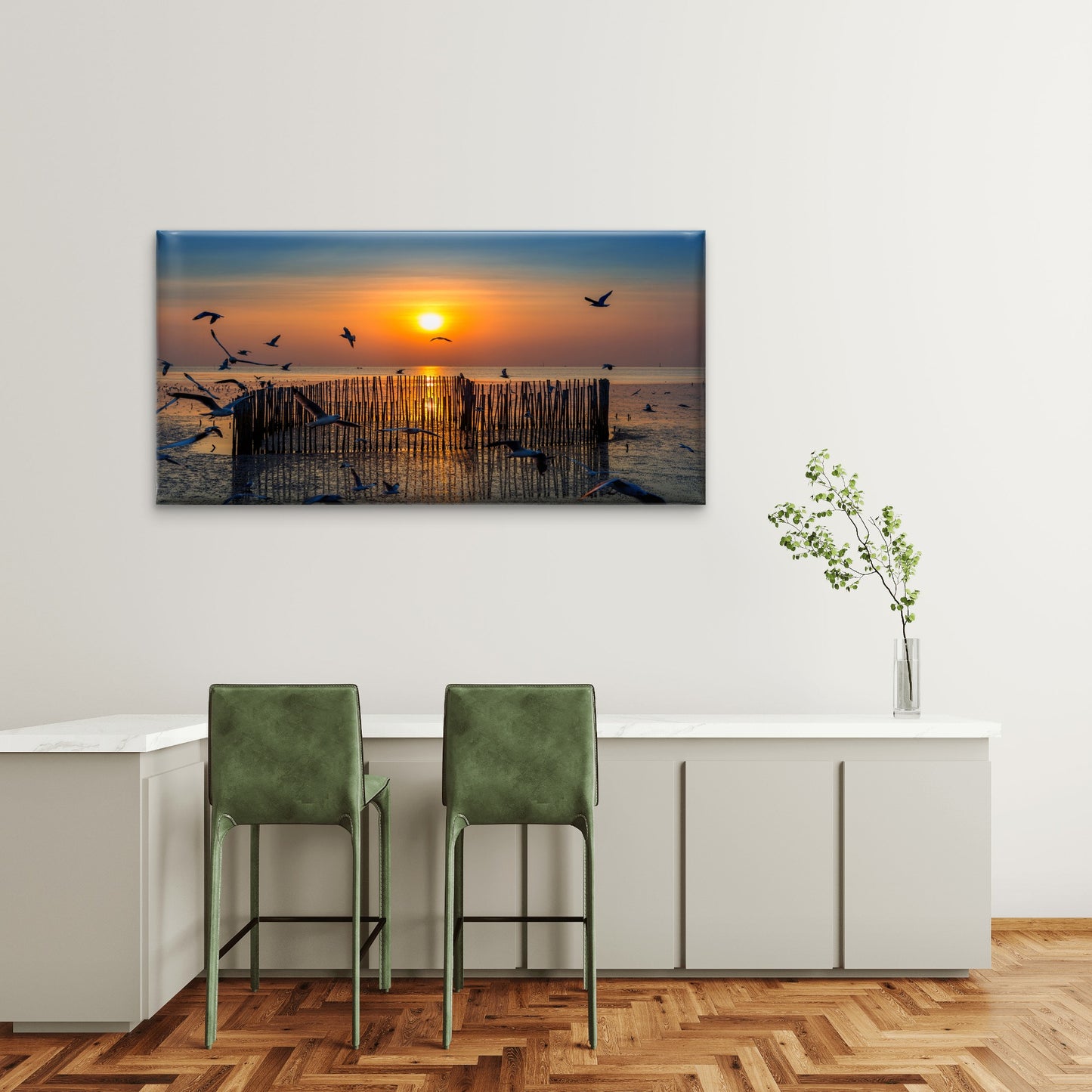 Sunset With Silhoutte Birds Flying Wall Art Canvas Office Home Room Framed 120x60cm
