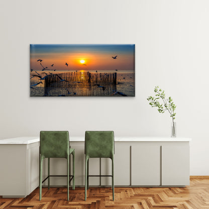 Sunset With Silhoutte Birds Flying Wall Art Canvas Office Home Room Framed 120x60cm