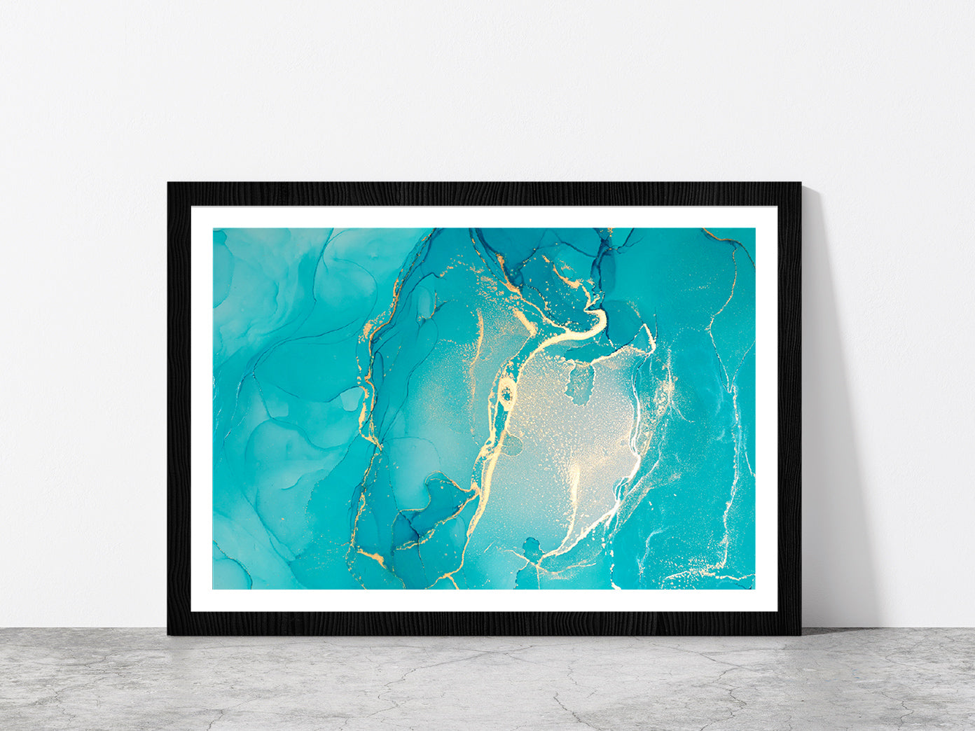 Blue & Gold Marble Painting Glass Framed Wall Art, Ready to Hang Quality Print With White Border Black