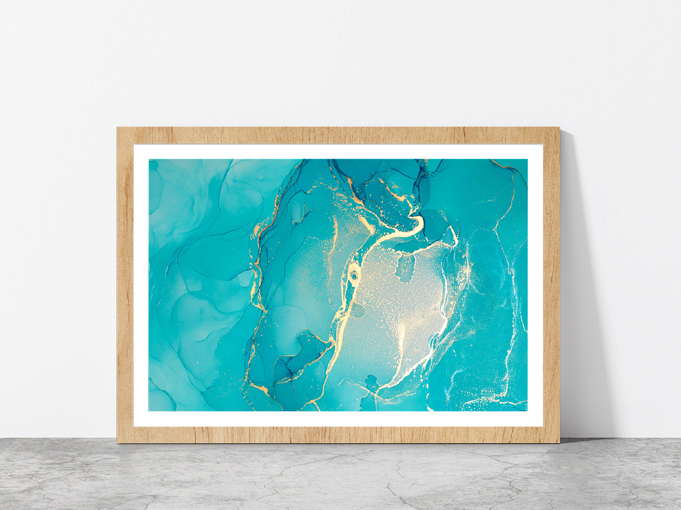 Blue & Gold Marble Painting Glass Framed Wall Art, Ready to Hang Quality Print With White Border Oak