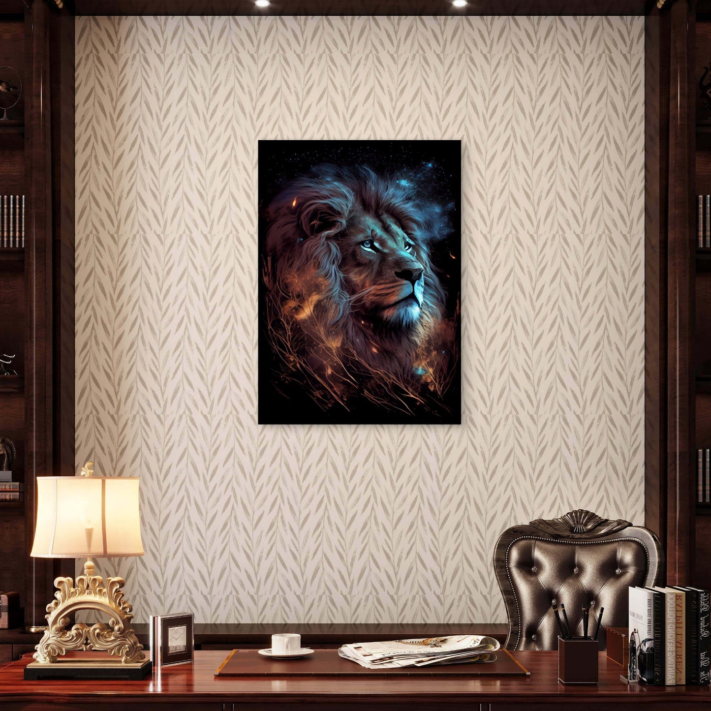 Cosmic Blue Lion Galaxy Mane 40x60cm Metal Print Ready to Hang - Bella Home Decor