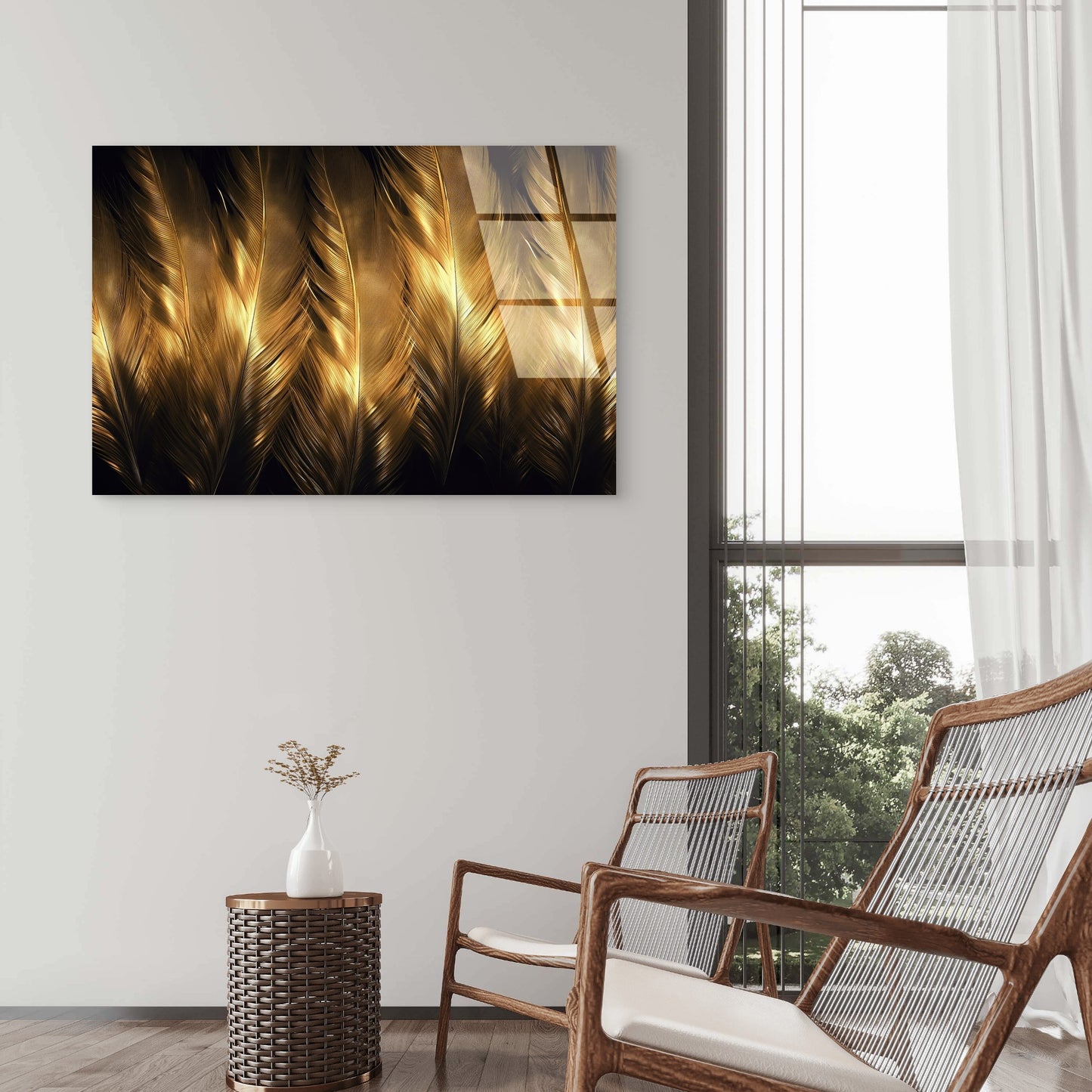 Golden Feathers Abstract  Acrylic Glass Printing Wall Art Australian Made Quality
