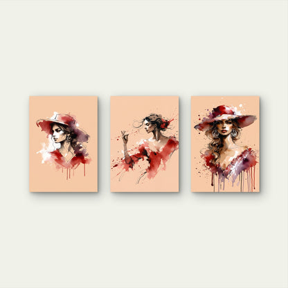 3pcs Red Dress Spanish Flamenco Woman Painting  Wall Art Set Canvas Framed 40x60cm - High Quality Print 100% Australian Made Wall Canvas Ready to Hang