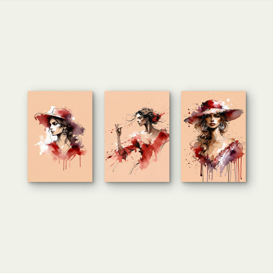 3pcs Red Dress Spanish Flamenco Woman Painting Wall Art Set Canvas Framed 40x60cm - High Quality Print 100% Australian Made Wall Canvas Ready to Hang