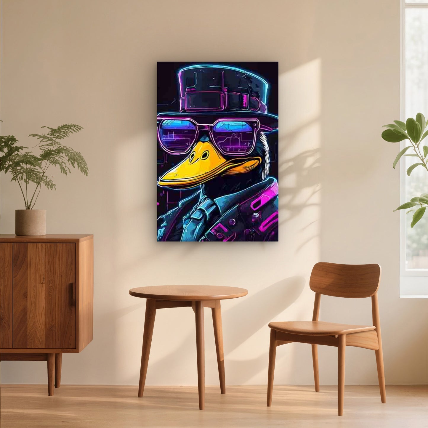 Neon-Style Duck with Top Hat and Cool Glasses 60x90cm Metal Print Ready to Hang - Bella Home Decor