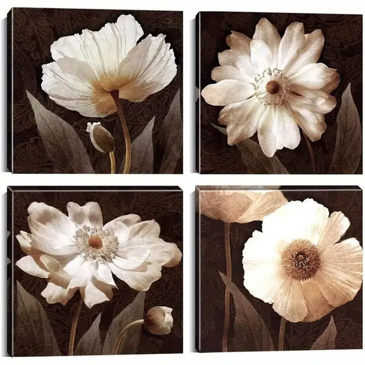 4pcs Elegant White & Beige Floral  Wall Art Canvas Framed