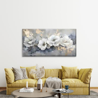 White Flowers on a Gray Backdro Wall Art Canvas Office Home Room Framed 120x60cm