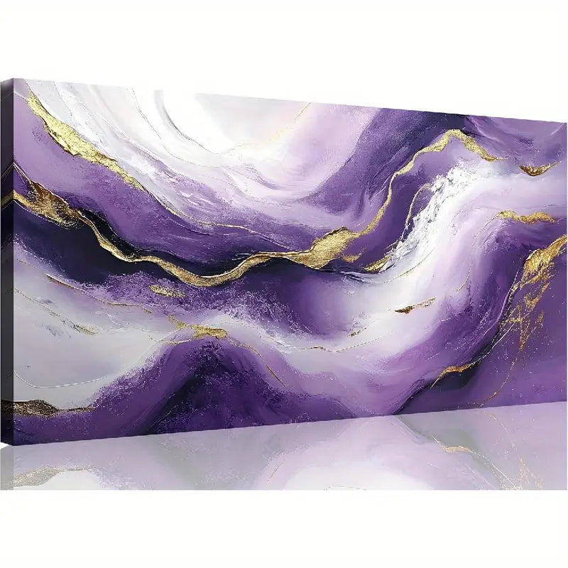 Purple & Golden Waves Abstract Wall Art canvas office home room framed 120x60cm - Bella Home Decor