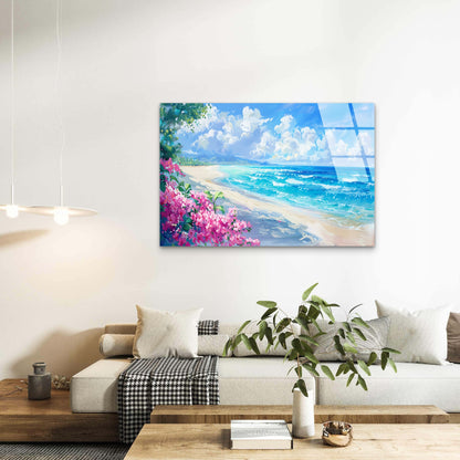 Tropical Beach Pink Flowers Acrylic Glass Printing Wall Art Australian Made Quality