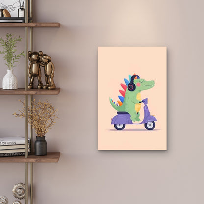 Cute Green Dinosaur Riding Purple Scooter 60x90cm Metal Print Ready to Hang