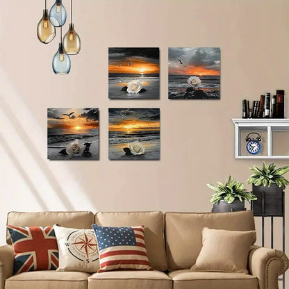 4pcs  Black and White Golden Sea Sunset  KL  Wall Art Canvas Framed