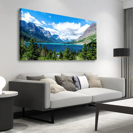 Saint Mary Lake Mountain Green Forest Blue Sky Wall Art canvas office home room framed 120x60cm - Bella Home Decor