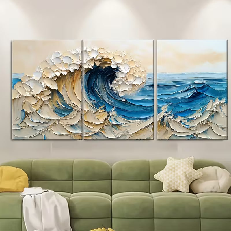 3pcs Abstract Ocean Wave Oil Painting Metal Print Ready to Hang Art - Bella Home Decor