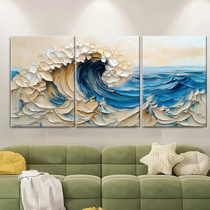 3pcs Abstract Ocean Wave Oil Painting Metal Print Ready to Hang Art - Bella Home Decor