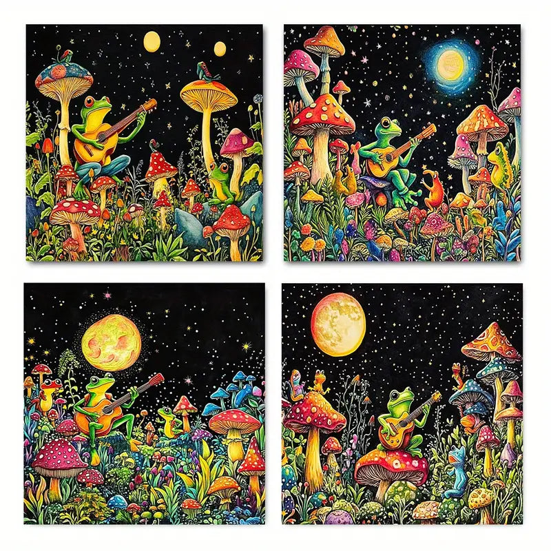 4pcs Whimsical Frog & Mushroom Moonlit Forest Wall Art Canvas Framed - Bella Home Decor