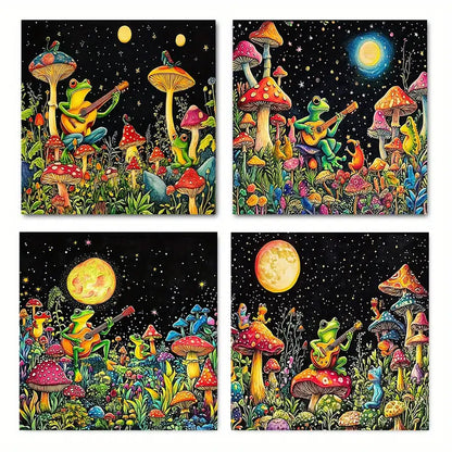 4pcs Whimsical Frog & Mushroom Moonlit Forest Wall Art Canvas Framed - Bella Home Decor