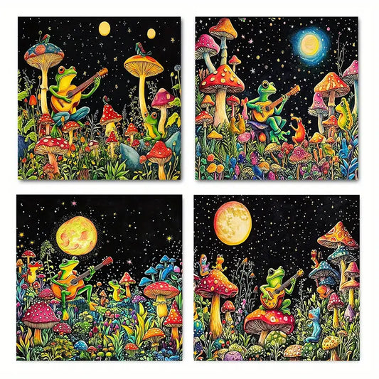 4pcs Whimsical Frog & Mushroom Moonlit Forest Wall Art Canvas Framed - Bella Home Decor