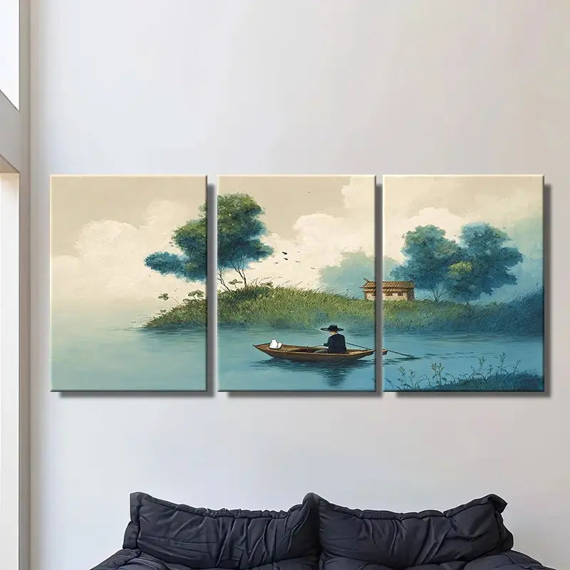 3pcs A Small Boat On The River, Metal Print Ready to Hang Art - Bella Home Decor