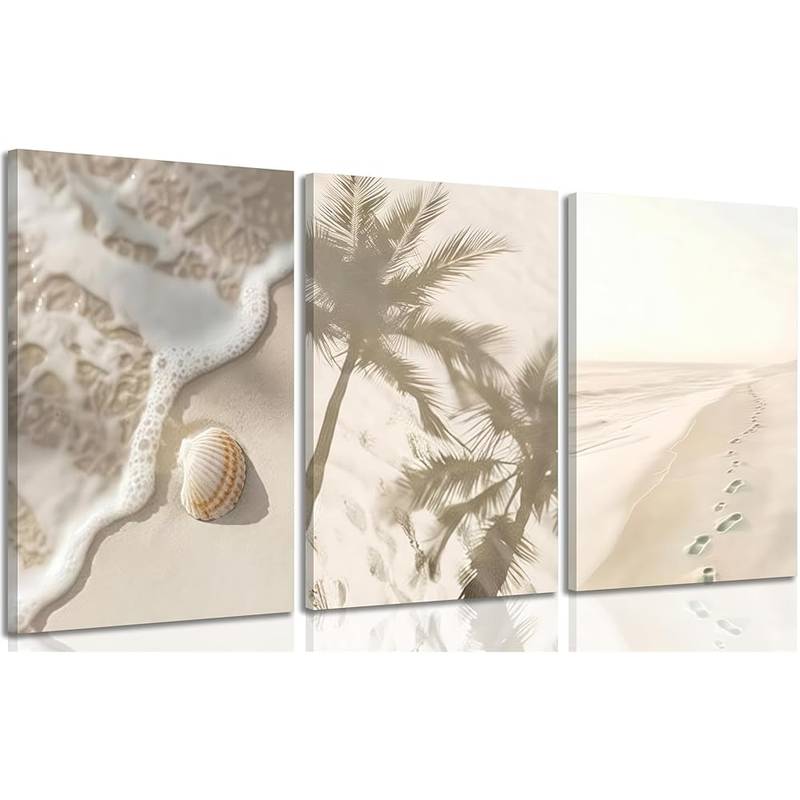 3pcs Coastal Beach Palm Trees Seashells Wall Art Set Canvas Framed 40x60cm - High Quality Print 100% Australian Made Wall Canvas Ready to Hang - Bella Home Decor