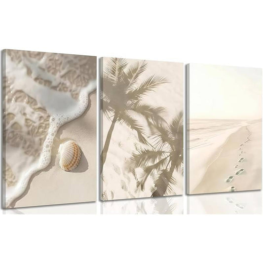 3pcs Coastal Beach Palm Trees Seashells Wall Art Set Canvas Framed 40x60cm - High Quality Print 100% Australian Made Wall Canvas Ready to Hang