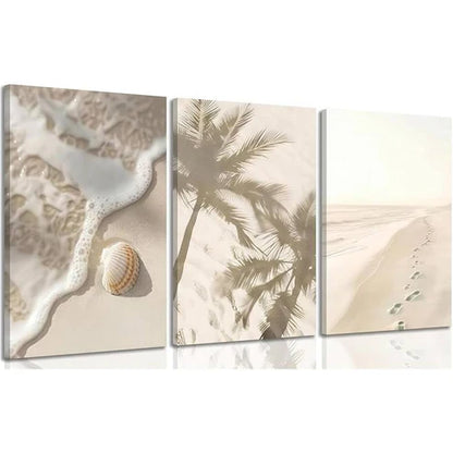 3pcs Coastal Beach Palm Trees Seashells Wall Art Set Canvas Framed 50x70cm - High Quality Print 100% Australian Made Wall Canvas Ready to Hang - Bella Home Decor