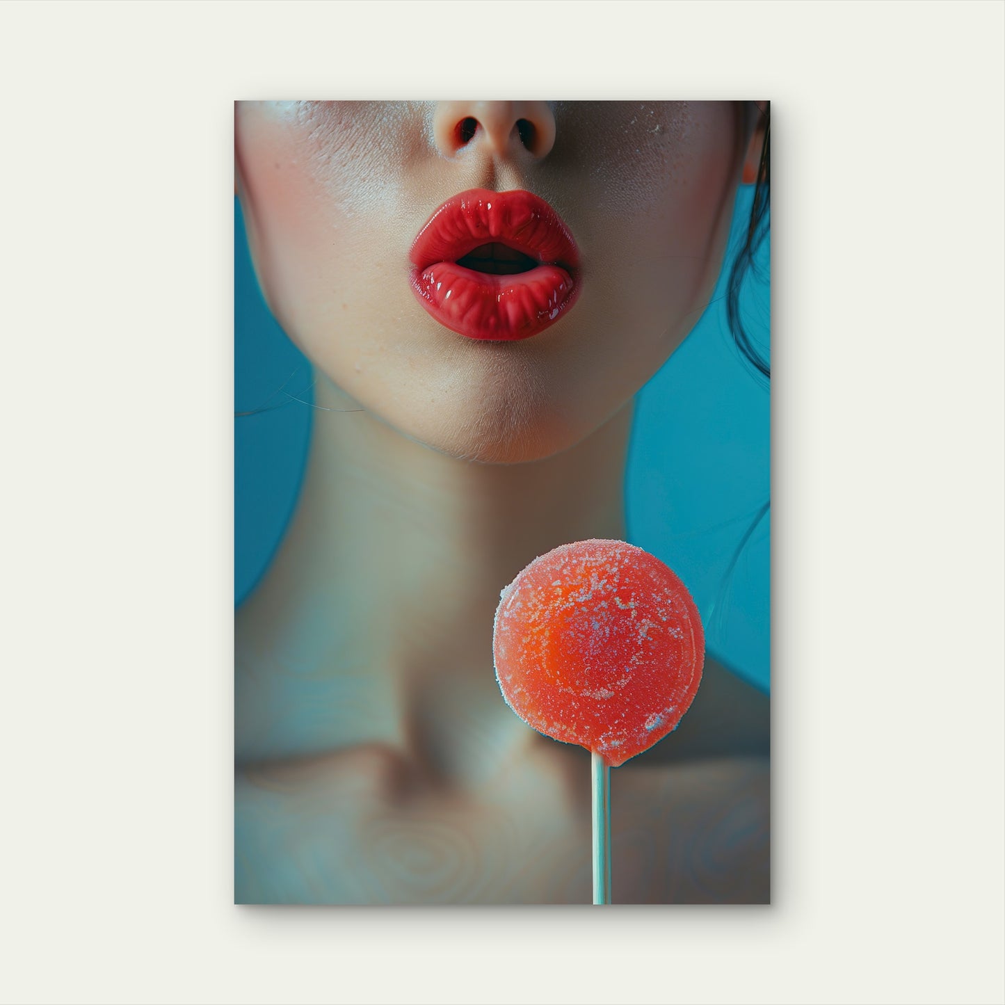 Close-Up of Red Lips with Red Lollipop 60x90cm Metal Print Ready to Hang