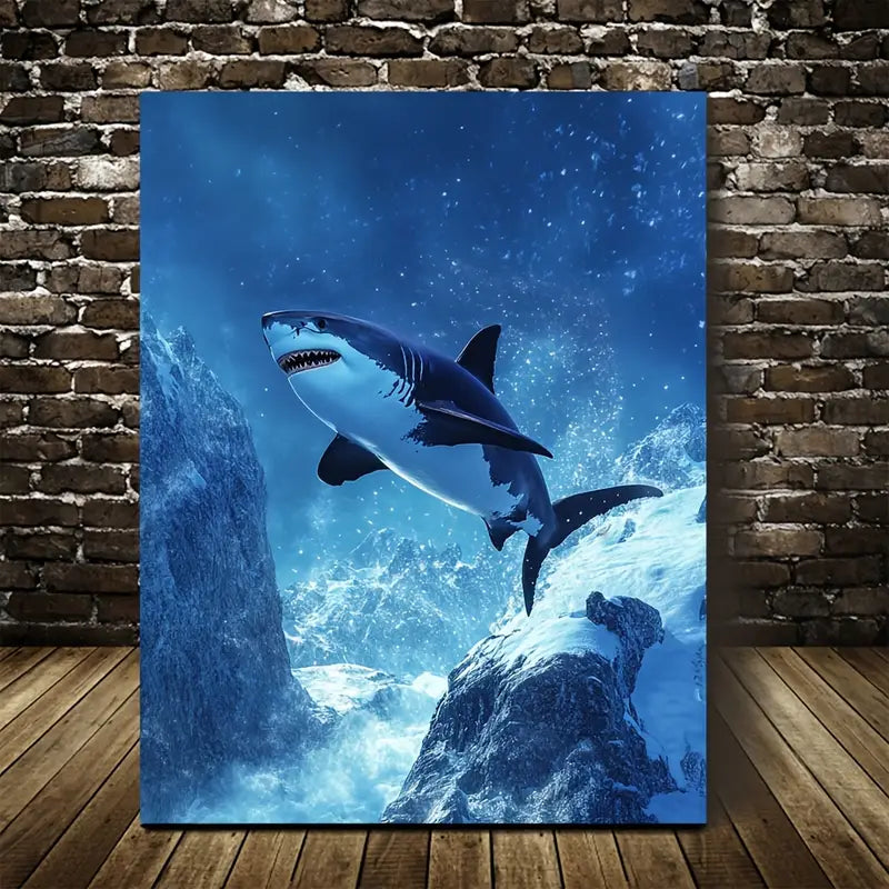 Vibrant Shark in Snowy Mountain Scene 40x60cm Metal Print Ready to Hang - Bella Home Decor