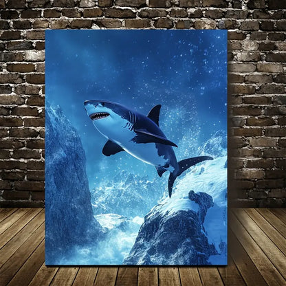 Vibrant Shark in Snowy Mountain Scene 40x60cm Metal Print Ready to Hang - Bella Home Decor