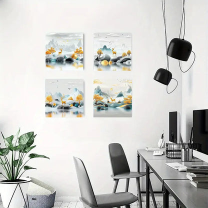4pcs  Mountain Sun fog reindeer Wall Art Canvas Framed