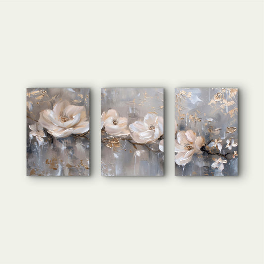 3pcs Gilded Petals Dancing In Silver Rain Wall Art Set Canvas Framed 60x90cm - High Quality Print 100% Australian Made Wall Canvas Ready to Hang - Bella Home Decor