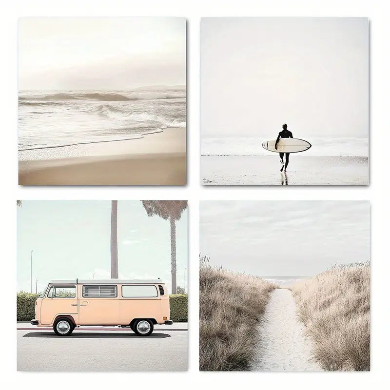 4pcs Beach Coastal Vintage Seascape Wall Art Canvas Framed