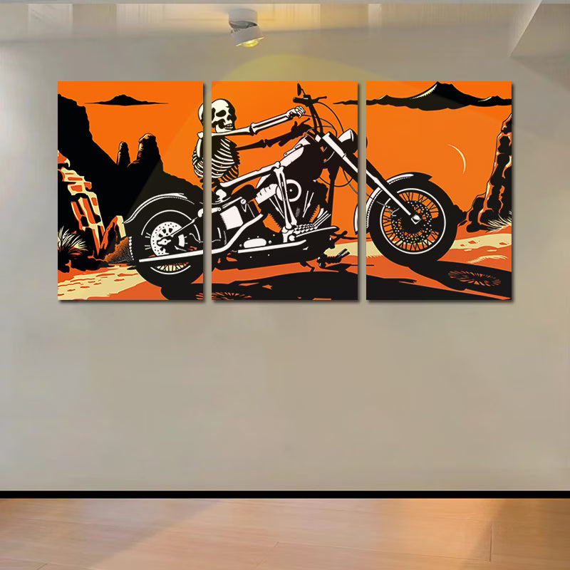 3pcs Skeleton on an Old Motorcycle Wall Art Set Canvas Framed 40x60cm - High Quality Print 100% Australian Made Wall Canvas Ready to Hang