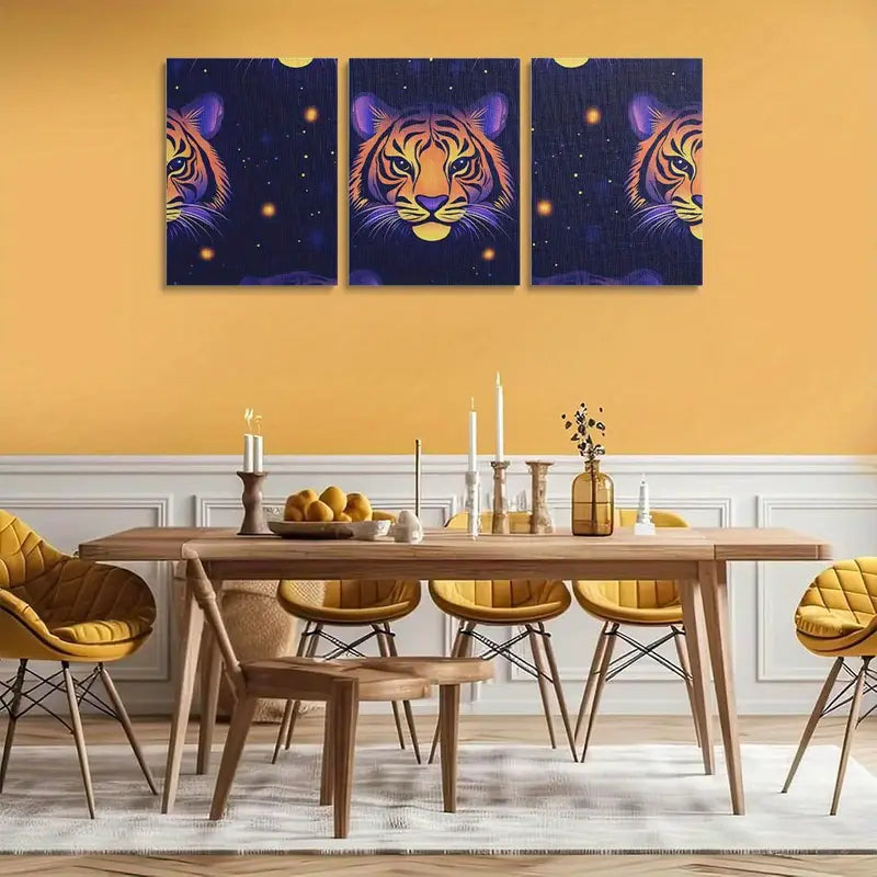 3pcs Vibrant Tiger Pattern Design with Golden Accents Metal Print Ready to Hang Art