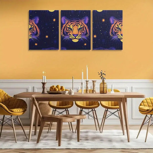 3pcs Vibrant Tiger Pattern Design with Golden Accents Metal Print Ready to Hang Art