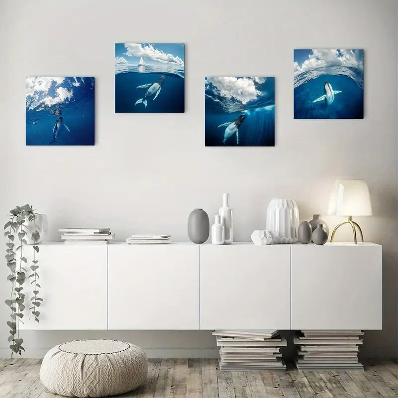 4pcs Sea Life Whale Underwater Wall Art Canvas Framed