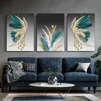 3pcs Golden Foil Feather Metal Print Ready to Hang Art - Bella Home Decor