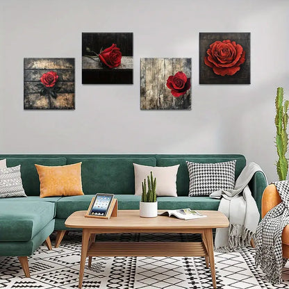 4pcs  Red Rose Decorative Artwork Wall Art Canvas Framed