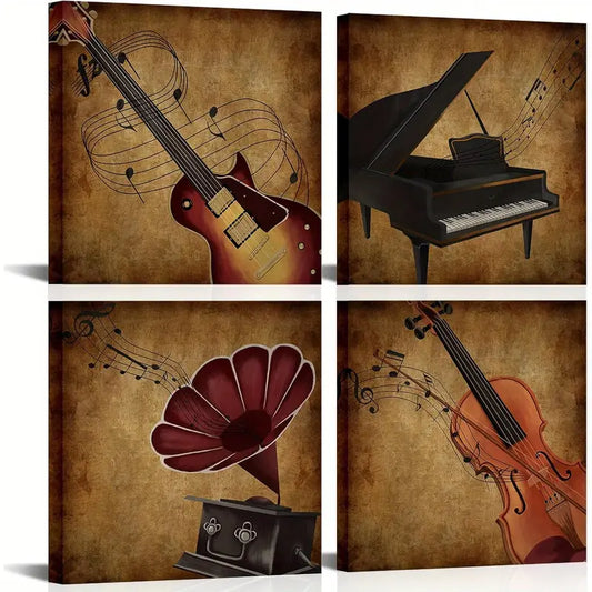 4pcs Musical Instruments & Music-Themed Decor Wall Art Canvas Framed