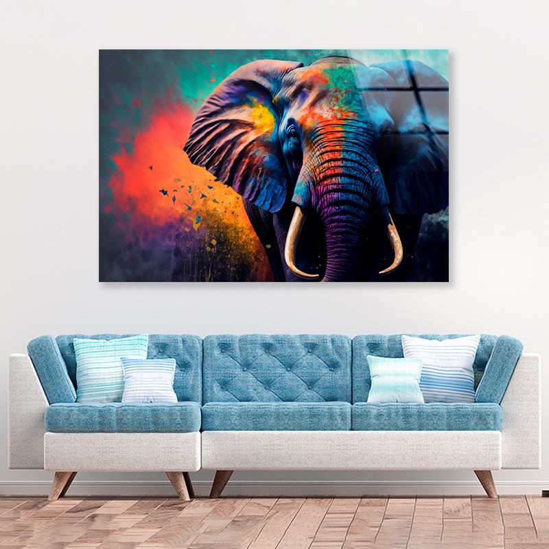 Elephant Face With Colorful Paint Acrylic Glass Print Tempered Glass Wall Art 100% Made in Australia Ready to Hang