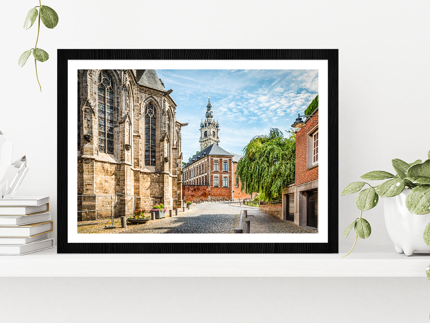 Belfry Tower With Church Belgium Glass Framed Wall Art, Ready to Hang Quality Print With White Border Black