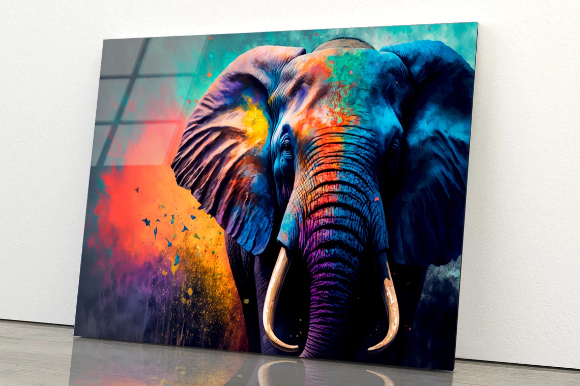 Elephant Face With Colorful Paint Acrylic Glass Print Tempered Glass Wall Art 100% Made in Australia Ready to Hang