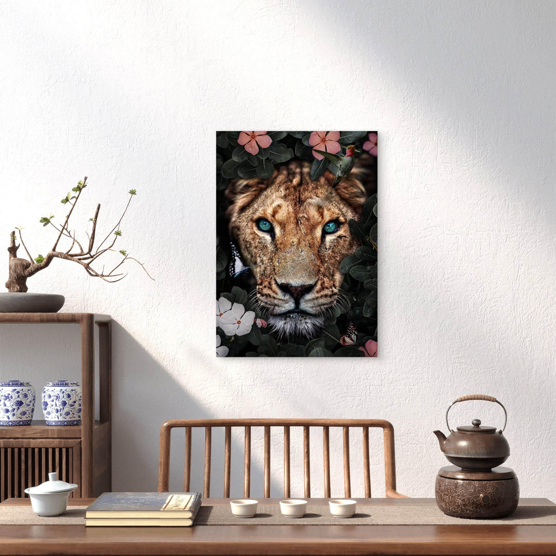 Lion Jungle Flower Hummingbird 60x90cm Metal Print Ready to Hang - Bella Home Decor