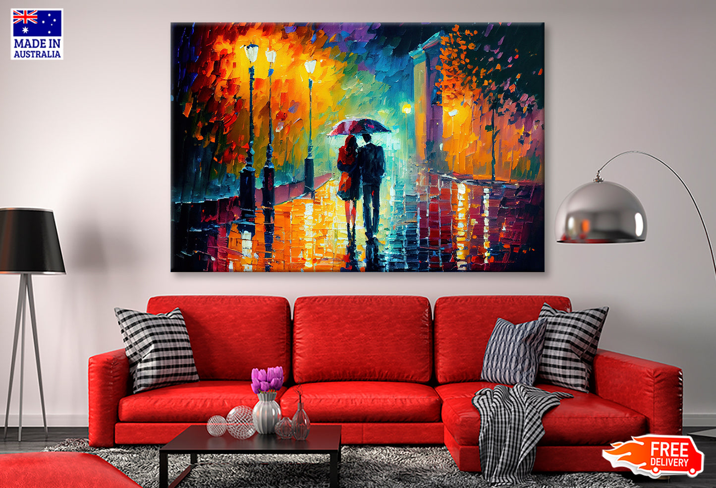 Couple with Umbrella on Road & Trees Oil Painting Wall Art Limited Edition High Quality Print