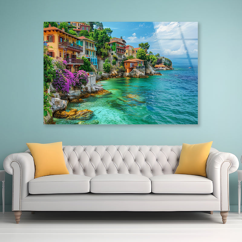 Ocean with Buildings, Trees and Sky Acrylic Glass Print Tempered Glass Wall Art 100% Made in Australia Ready to Hang - Bella Home Decor