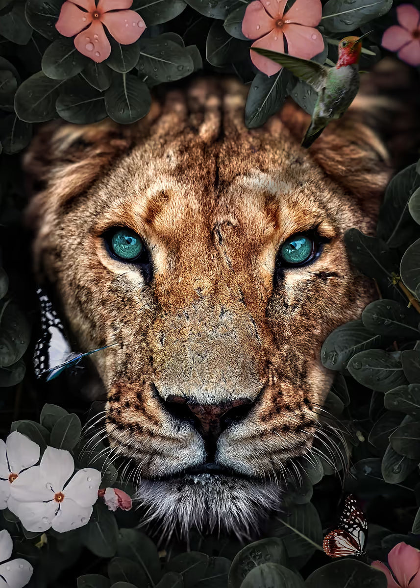 Lion Jungle Flower Hummingbird 40x60cm Metal Print Ready to Hang - Bella Home Decor