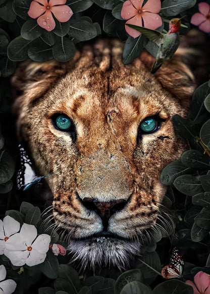 Lion Jungle Flower Hummingbird 40x60cm Metal Print Ready to Hang - Bella Home Decor