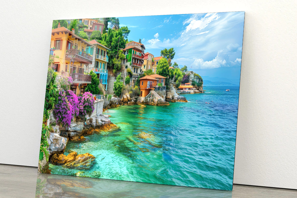 Ocean with Buildings, Trees and Sky Acrylic Glass Print Tempered Glass Wall Art 100% Made in Australia Ready to Hang - Bella Home Decor