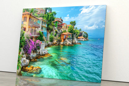 Ocean with Buildings, Trees and Sky Acrylic Glass Print Tempered Glass Wall Art 100% Made in Australia Ready to Hang - Bella Home Decor