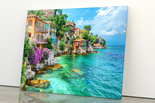 Ocean with Buildings, Trees and Sky Acrylic Glass Print Tempered Glass Wall Art 100% Made in Australia Ready to Hang - Bella Home Decor